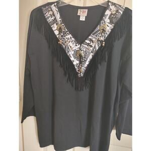 Vintage 90s Western Top Vneck Cactus Brand Made in USA Fringe Conchos XL